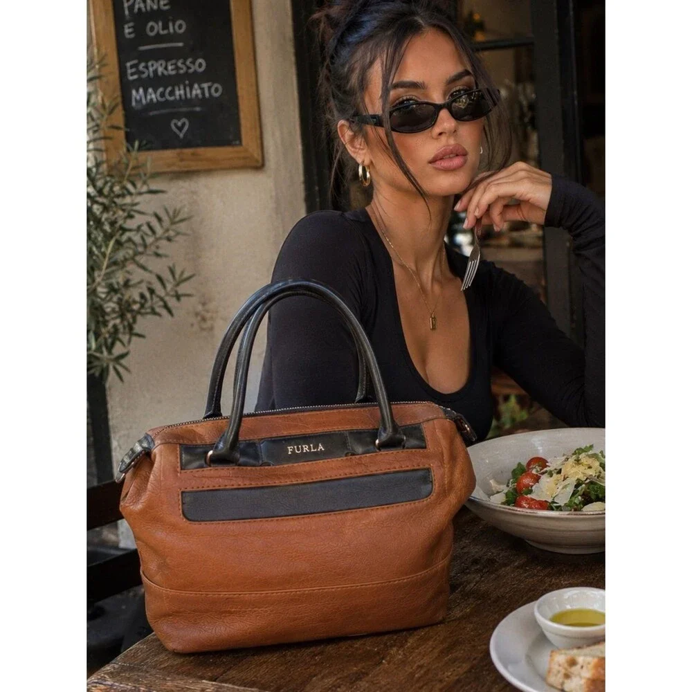 Furla Pebbled Leather Satchel Cognac Brown Black Colorblock Bowling Tote Bag Y2K